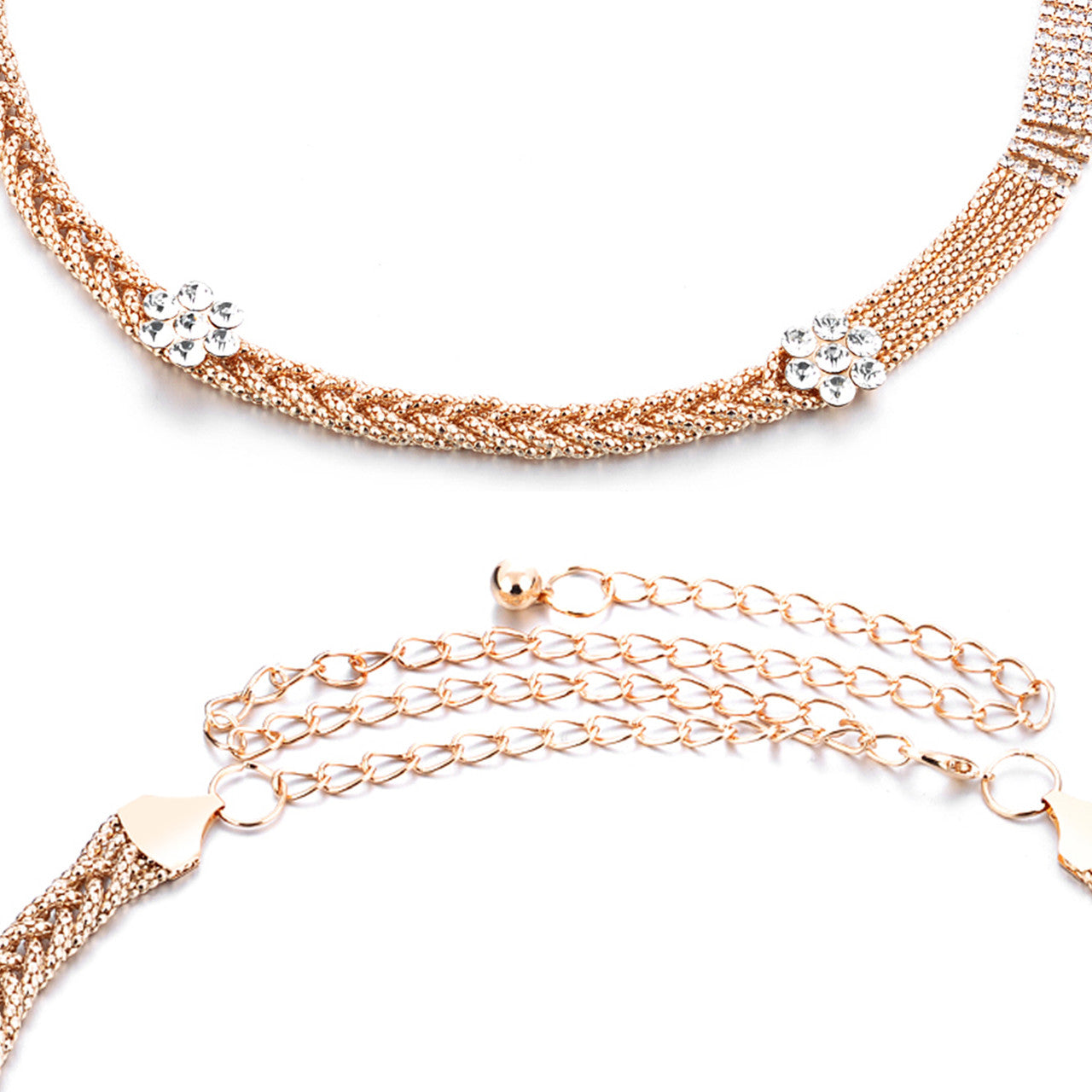 Diamante Mesh Belt with Flower Charms - Gold