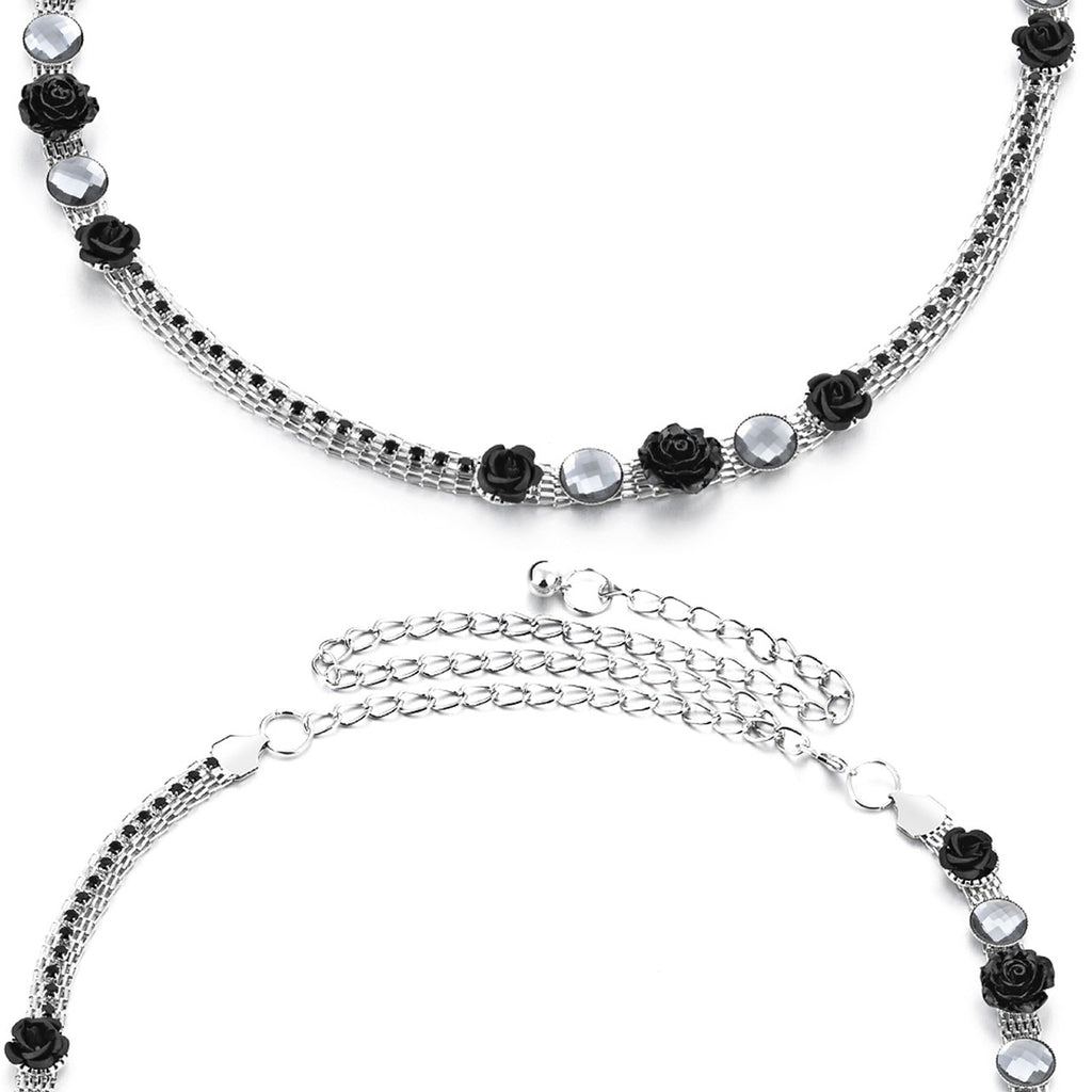 Diamante Waist Belt with Flower Charms - Black