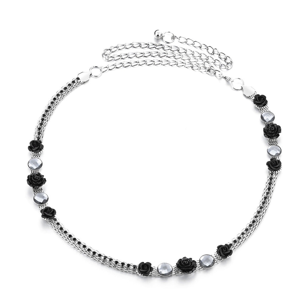 Diamante Waist Belt with Flower Charms - Black