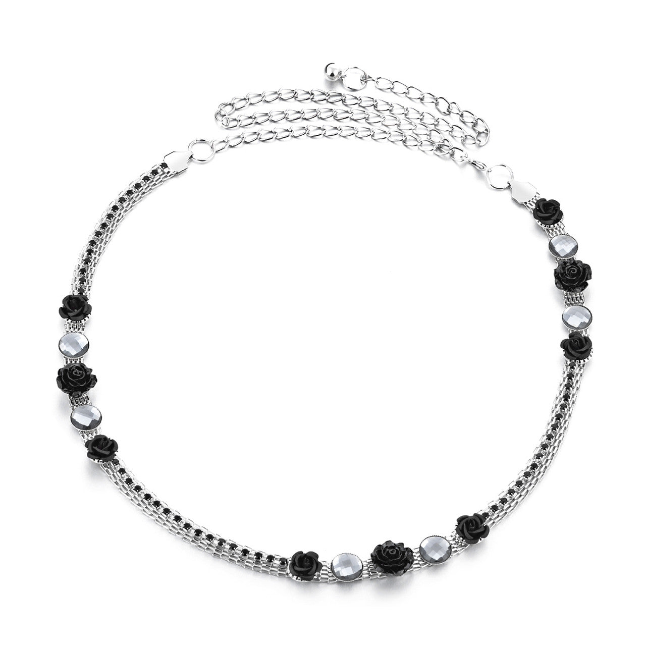 Diamante Waist Belt with Flower Charms - Black