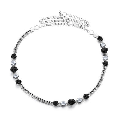 Diamante Waist Belt with Flower Charms - Black