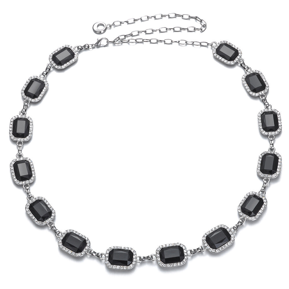 Silver Chain Belt with Black Diamante Gemstones