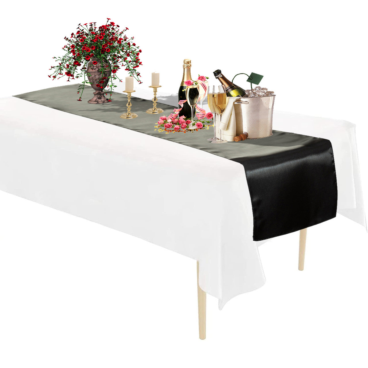 Plastic Tablecloth and Satin Table Runner Set - White & Black