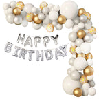 Metallic Balloon Arch with Happy Birthday Foil Balloon Set - White, Gold, Silver - 122pcs