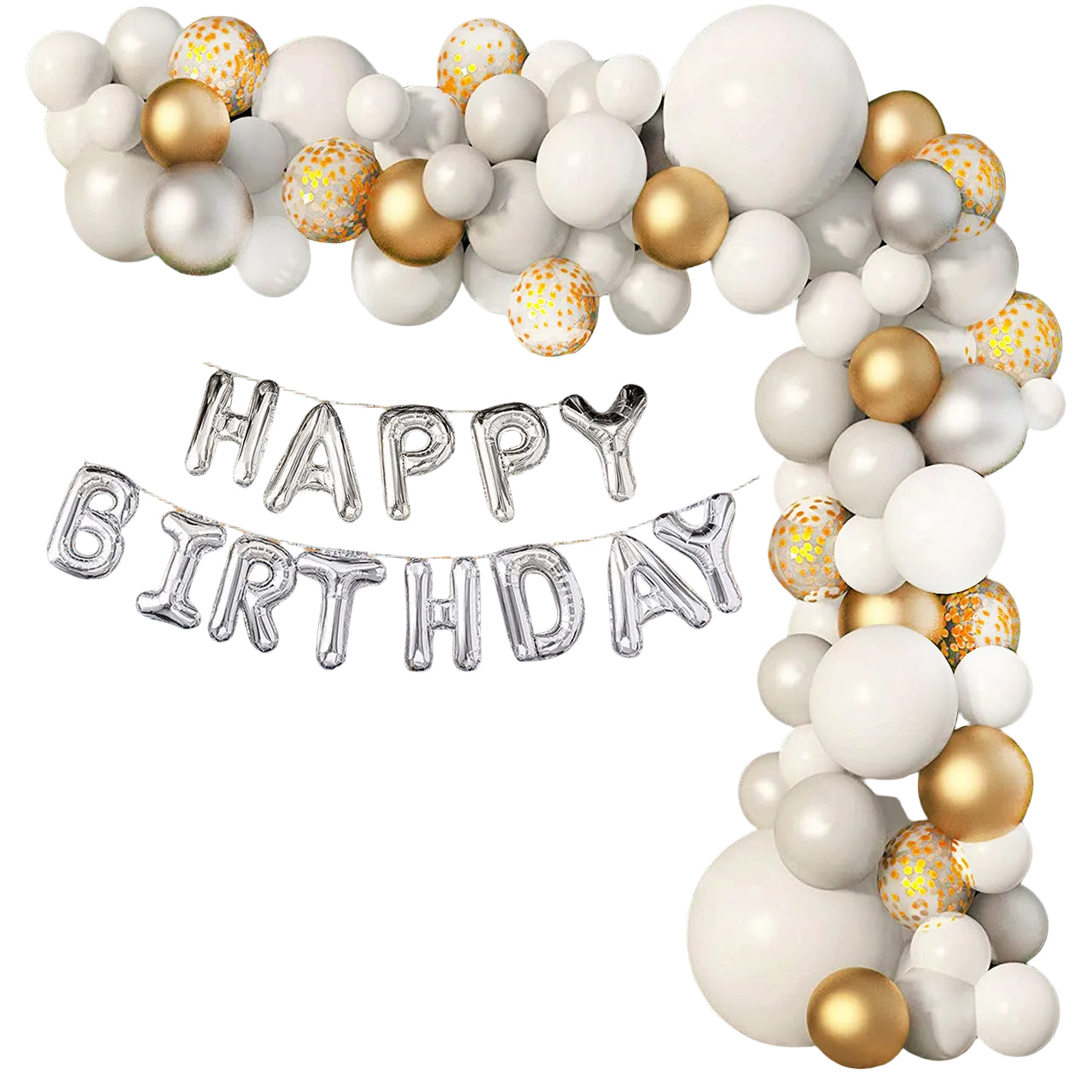 Metallic Balloon Arch with Happy Birthday Foil Balloon Set - White, Gold, Silver - 122pcs