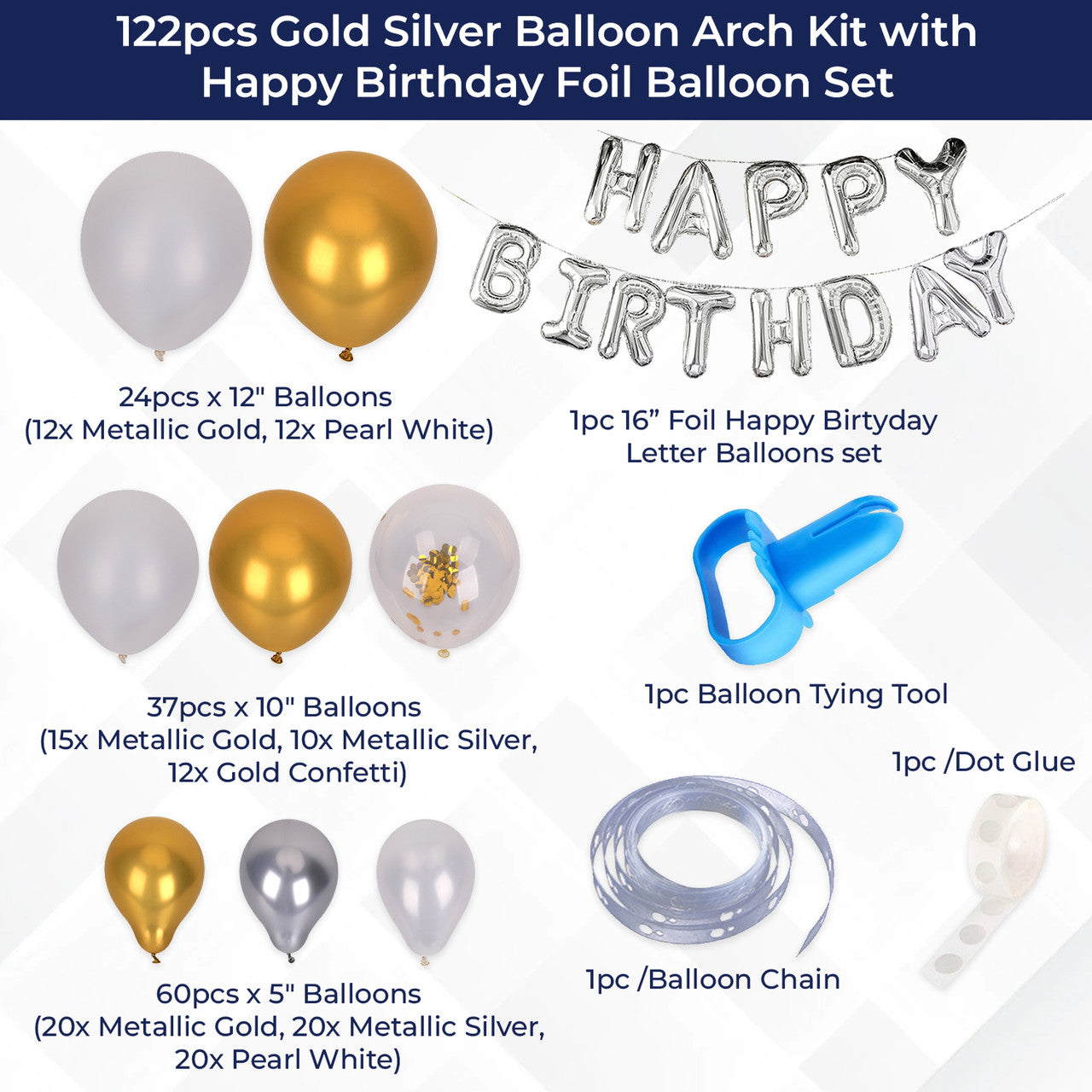 Metallic Balloon Arch with Happy Birthday Foil Balloon Set - White, Gold, Silver - 122pcs