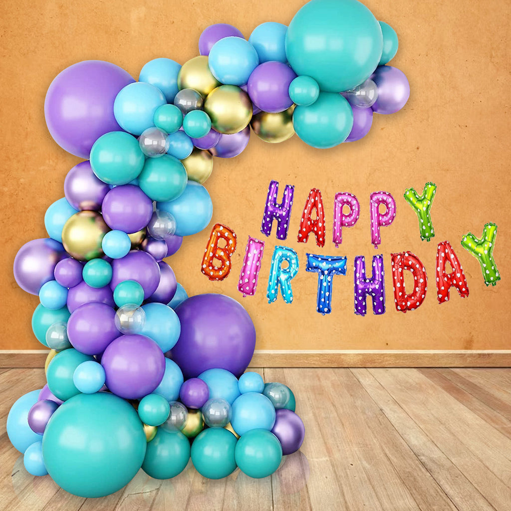 Metallic Balloon Arch with Happy Birthday Foil Balloon Set - Blue, Gold, Purple - 173pcs