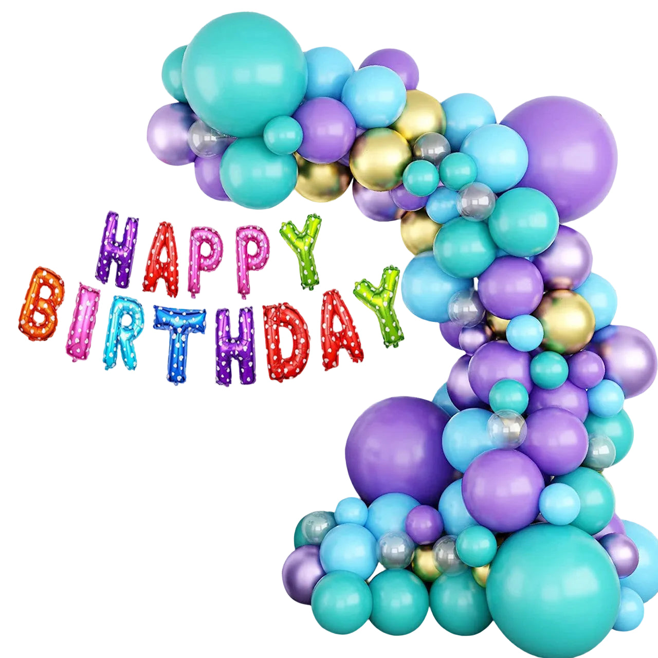 Metallic Balloon Arch with Happy Birthday Foil Balloon Set - Blue, Gold, Purple - 173pcs