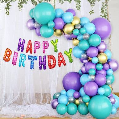 Metallic Balloon Arch with Happy Birthday Foil Balloon Set - Blue, Gold, Purple - 173pcs