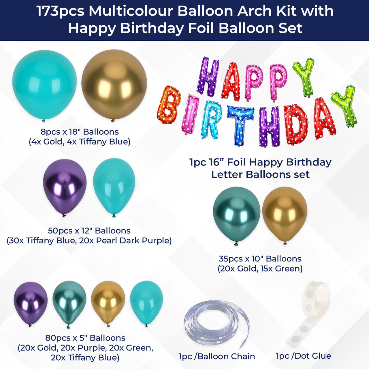 Metallic Balloon Arch with Happy Birthday Foil Balloon Set - Blue, Gold, Purple - 173pcs