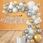 Metallic Balloon Arch with Happy Birthday Foil Balloon Set - Grey, Gold, White - 178pcs