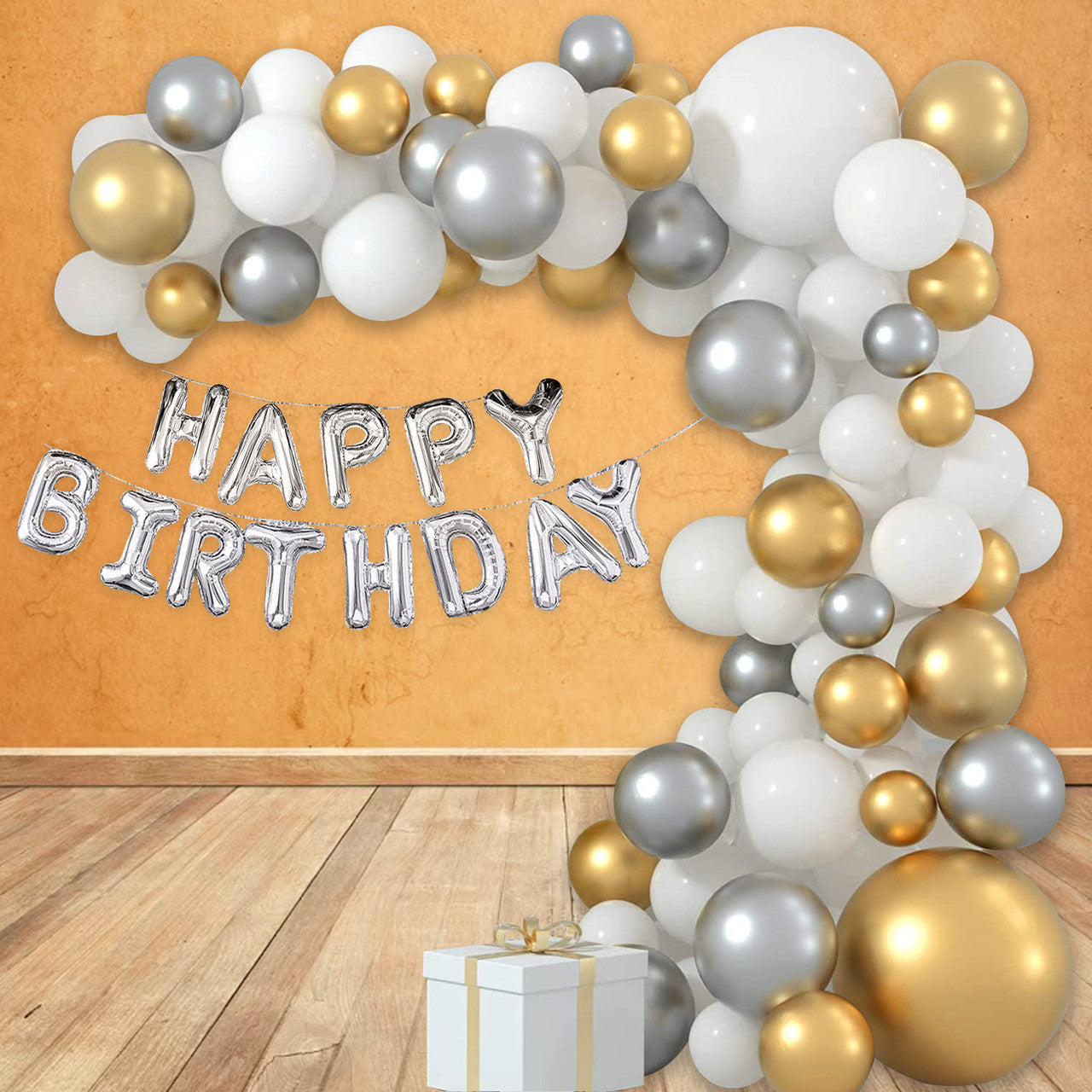 Metallic Balloon Arch with Happy Birthday Foil Balloon Set - Grey, Gold, White - 178pcs