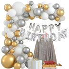 Metallic Balloon Arch with Happy Birthday Foil Balloon Set - Grey, Gold, White - 178pcs