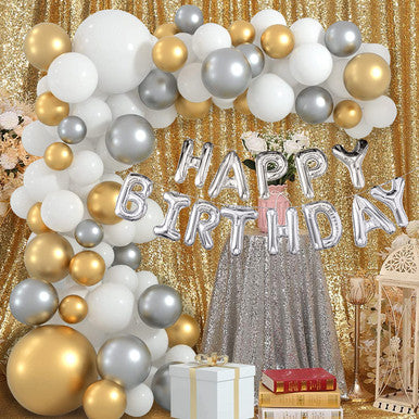 Metallic Balloon Arch with Happy Birthday Foil Balloon Set - Grey, Gold, White - 178pcs