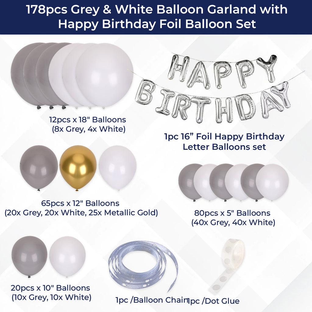 Metallic Balloon Arch with Happy Birthday Foil Balloon Set - Grey, Gold, White - 178pcs