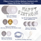 Metallic Balloon Arch with Happy Birthday Foil Balloon Set - Grey, Gold, White - 178pcs