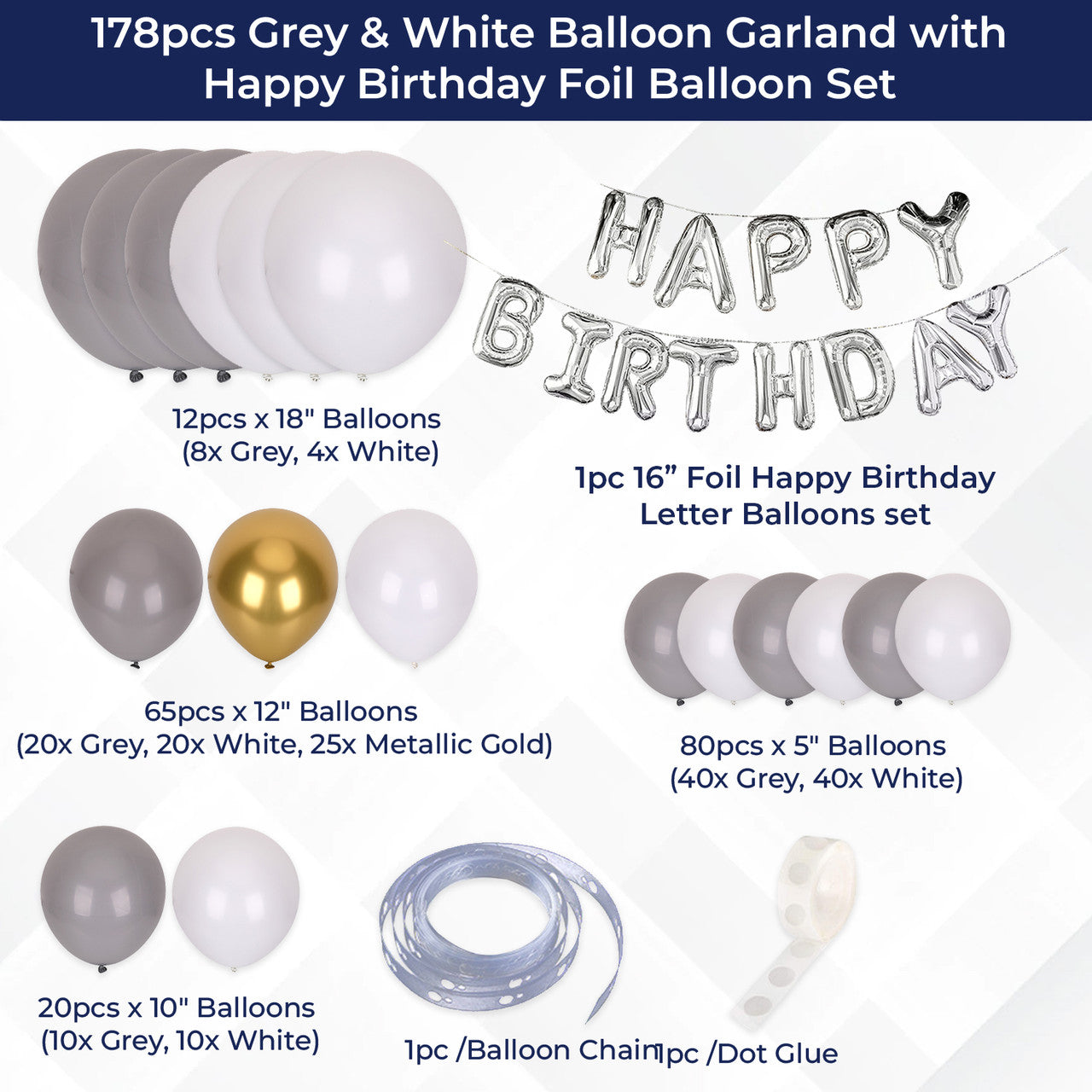 Metallic Balloon Arch with Happy Birthday Foil Balloon Set - Grey, Gold, White - 178pcs