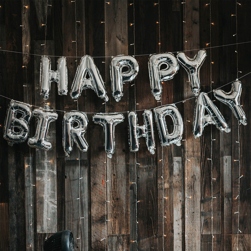 Metallic Balloon Arch with Happy Birthday Foil Balloon Set - Grey, Gold, White - 178pcs