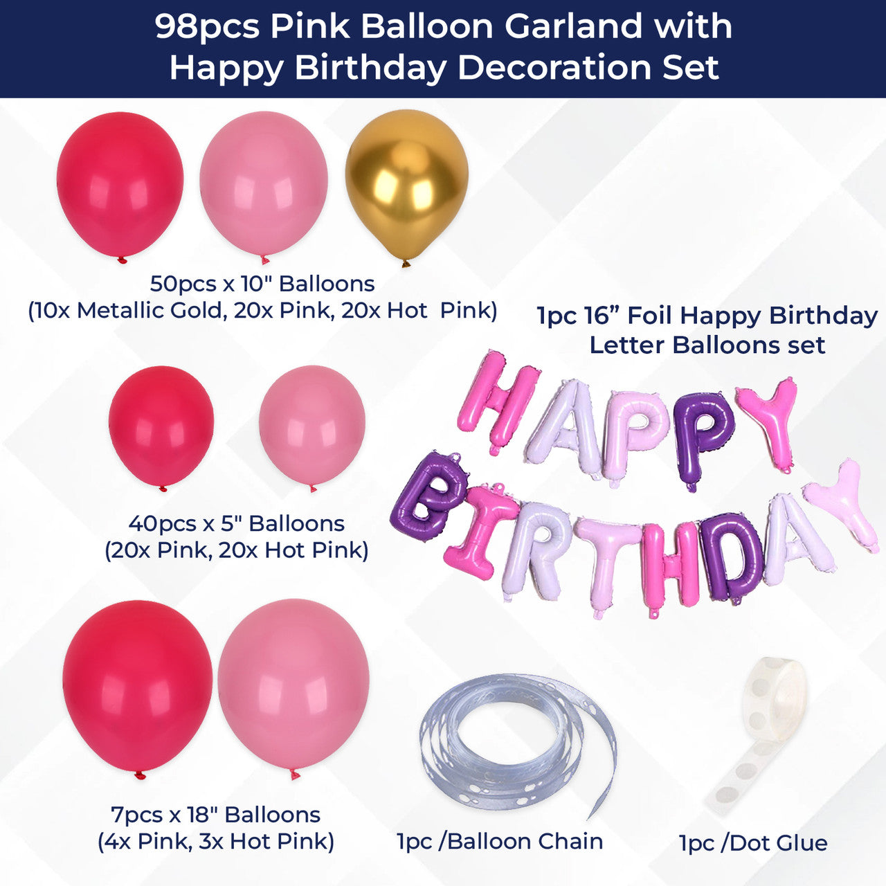 Pink Balloon Arch with  Happy Birthday Foil Balloon Set - 98pcs