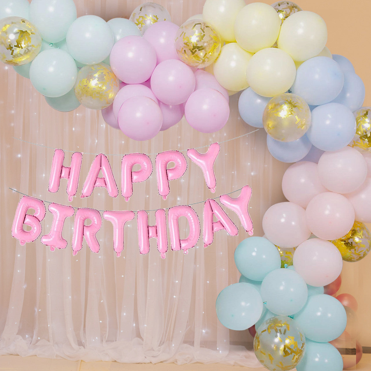 Pastel Balloon Arch with Happy Birthday Foil Balloon Set - 81pcs
