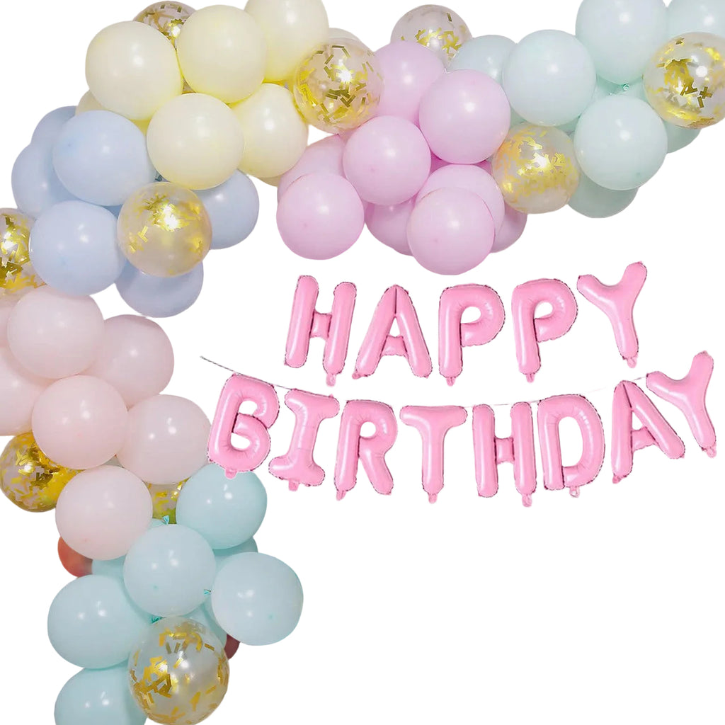 Pastel Balloon Arch with Happy Birthday Foil Balloon Set - 81pcs