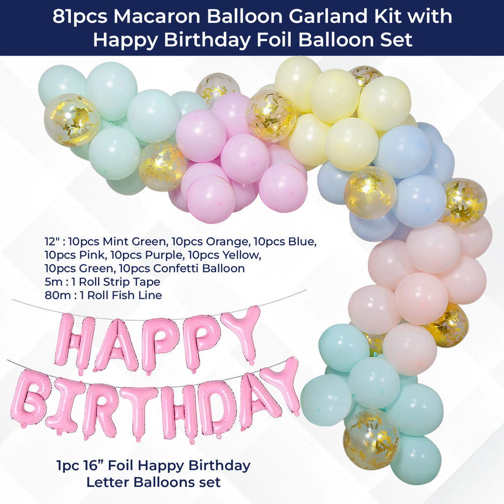 Pastel Balloon Arch with Happy Birthday Foil Balloon Set - 81pcs