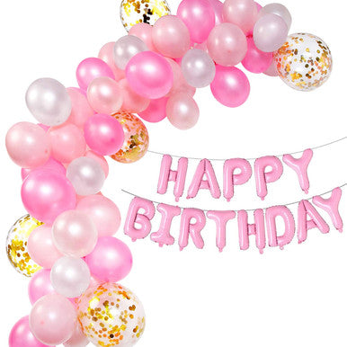 Pink & White Balloon Arch with Happy Birthday Foil Balloon Set - 164pcs