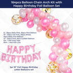 Pink & White Balloon Arch with Happy Birthday Foil Balloon Set - 164pcs