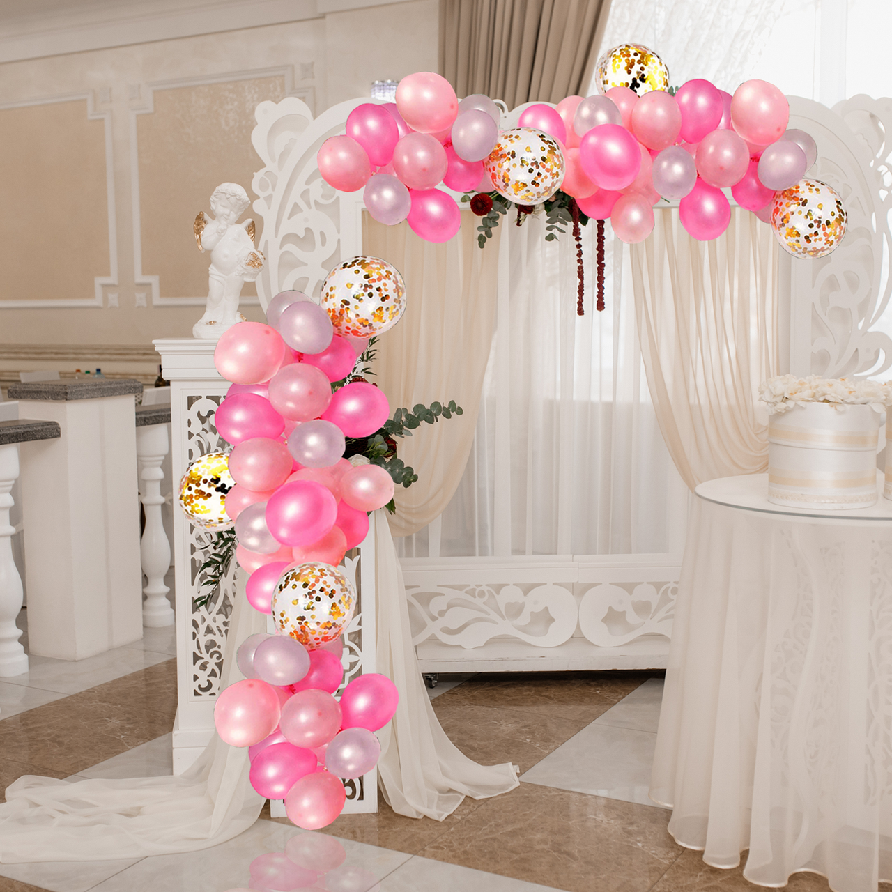 Pink & White Balloon Arch with Happy Birthday Foil Balloon Set - 164pcs