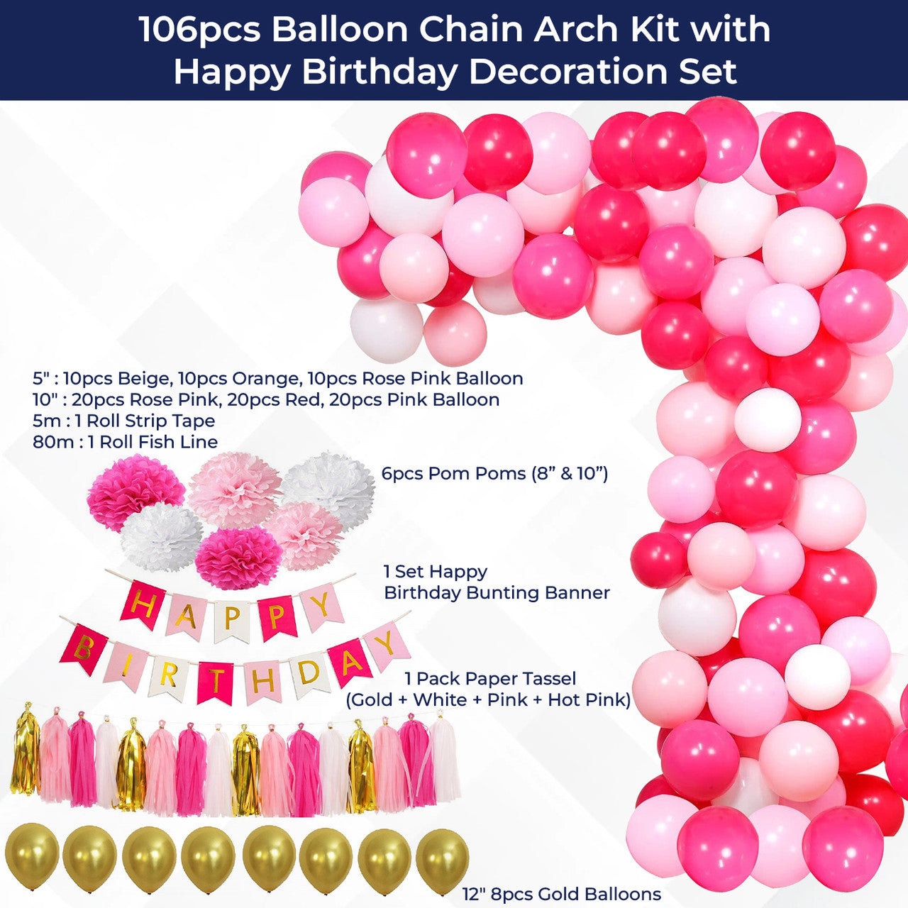 Hot Pink Birthday Party Decoration Set - 106pcs