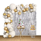 Balloon Arch, Foil Curtain & Balloon Ribbon Set - Silver, White & Gold (123pcs)