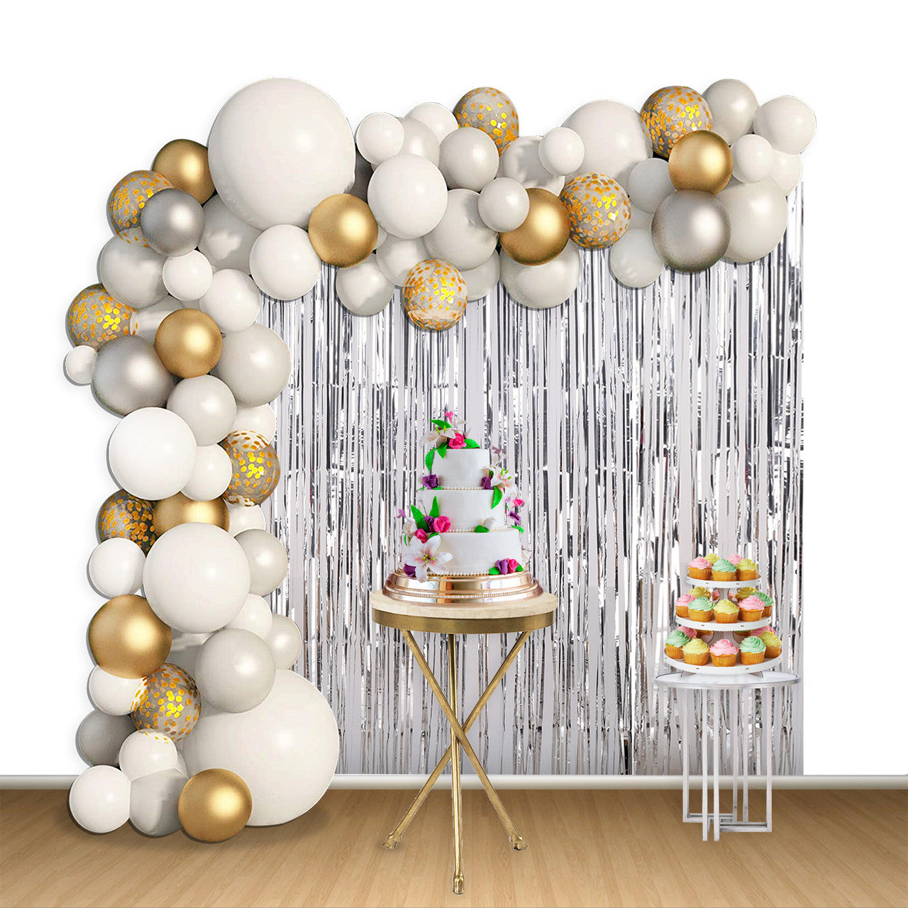Balloon Arch, Foil Curtain & Balloon Ribbon Set - Silver, White & Gold (123pcs)