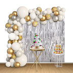 Balloon Arch, Foil Curtain & Balloon Ribbon Set - Silver, White & Gold (123pcs)