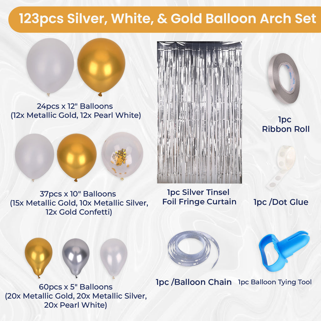 Balloon Arch, Foil Curtain & Balloon Ribbon Set - Silver, White & Gold (123pcs)