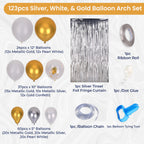 Balloon Arch, Foil Curtain & Balloon Ribbon Set - Silver, White & Gold (123pcs)