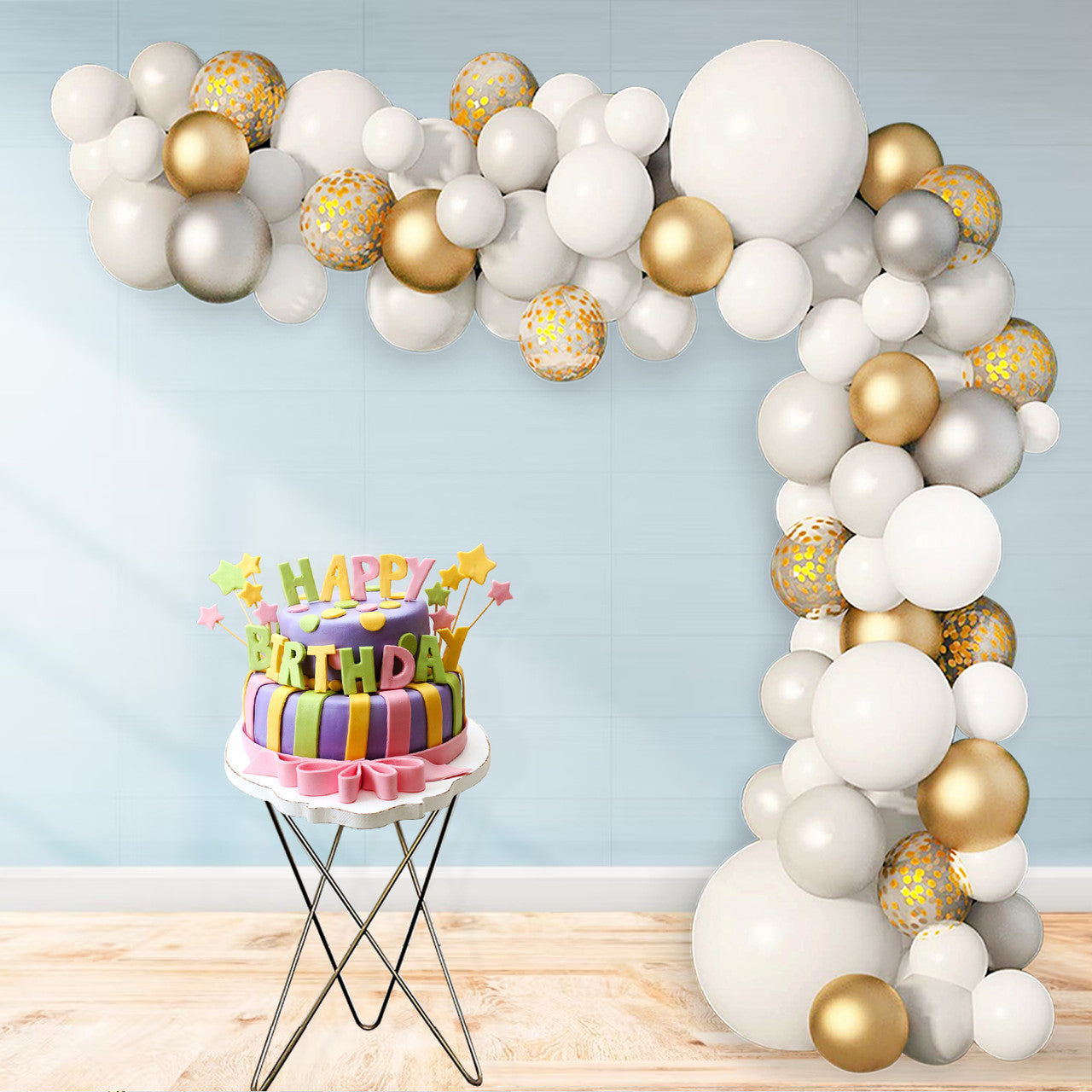 Balloon Arch, Foil Curtain & Balloon Ribbon Set - Silver, White & Gold (123pcs)