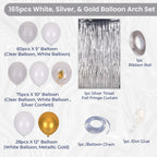 Balloon Arch, Foil Curtain & Balloon Ribbon Set - White & Gold - 165pcs