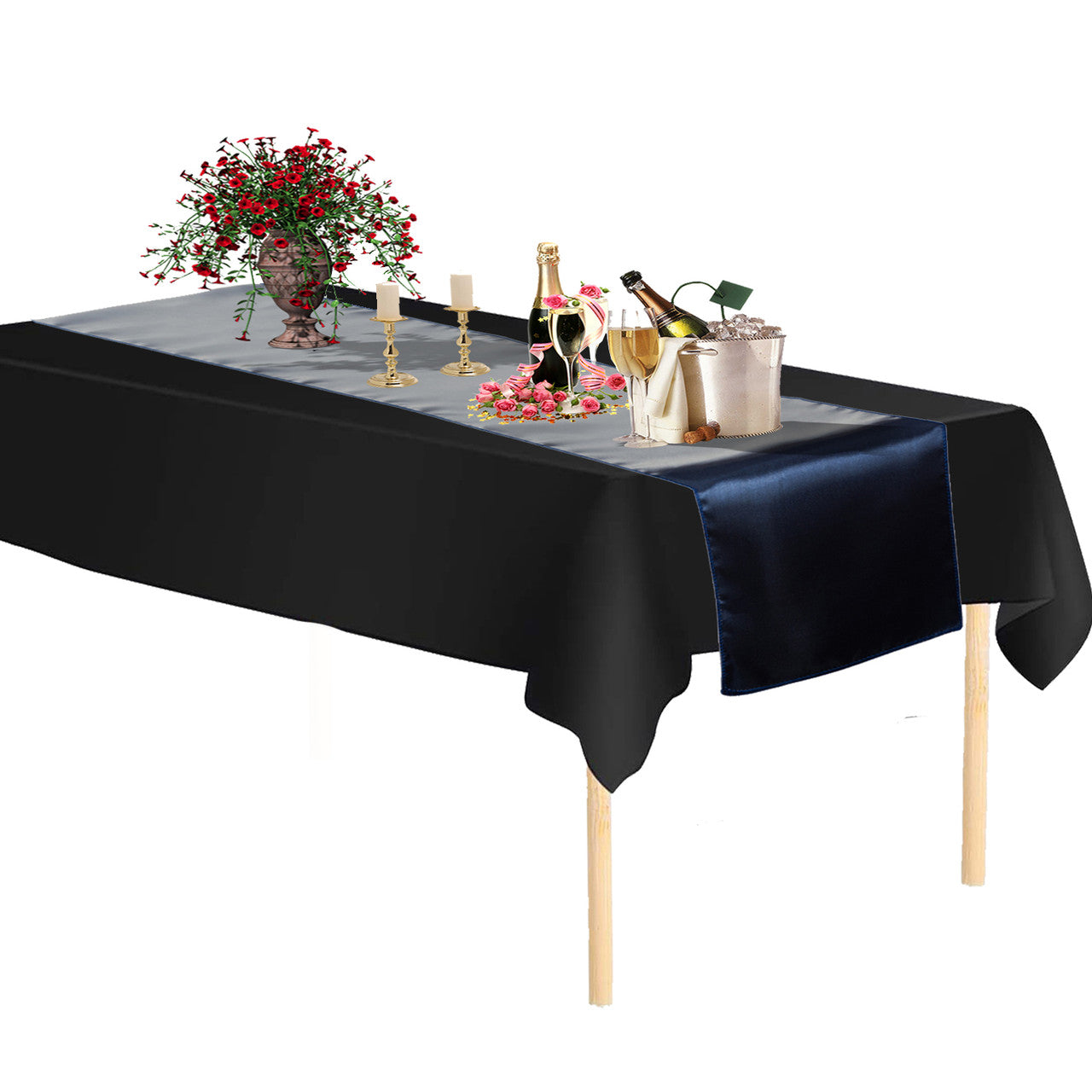 Plastic Table Cloth And Navy Satin Runner Set - 2Pcs