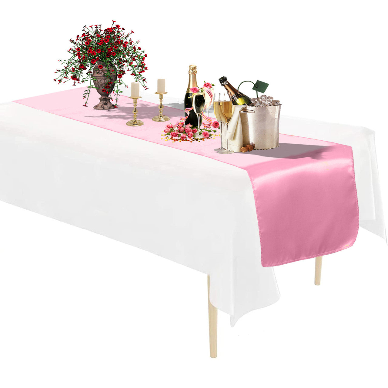 Plastic Tablecloth and Satin Table Runner Set - White &  Baby Pink