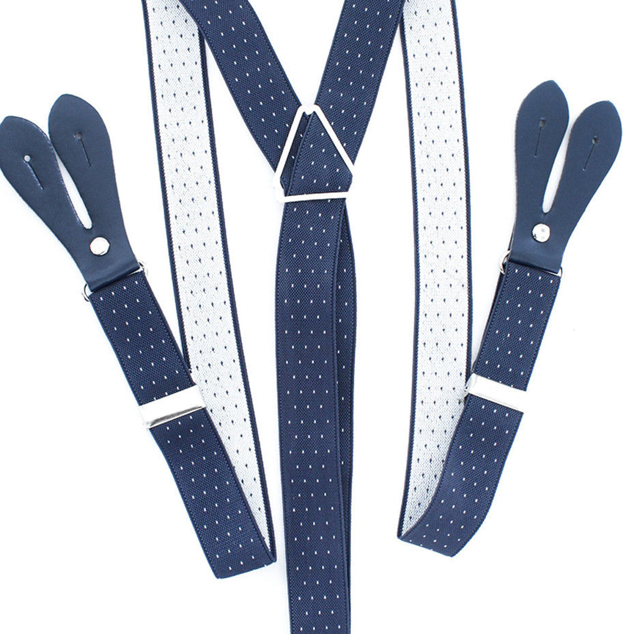 Navy and White Dot Braces with Button Hole - 25mm