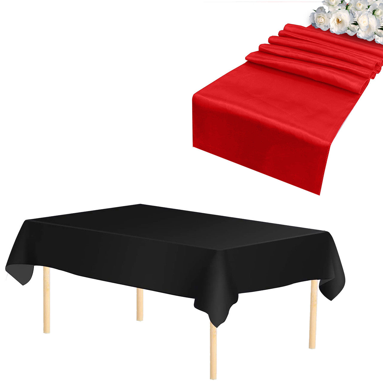Plastic Table Cloth And Red Satin Runner Set  - 2Pcs