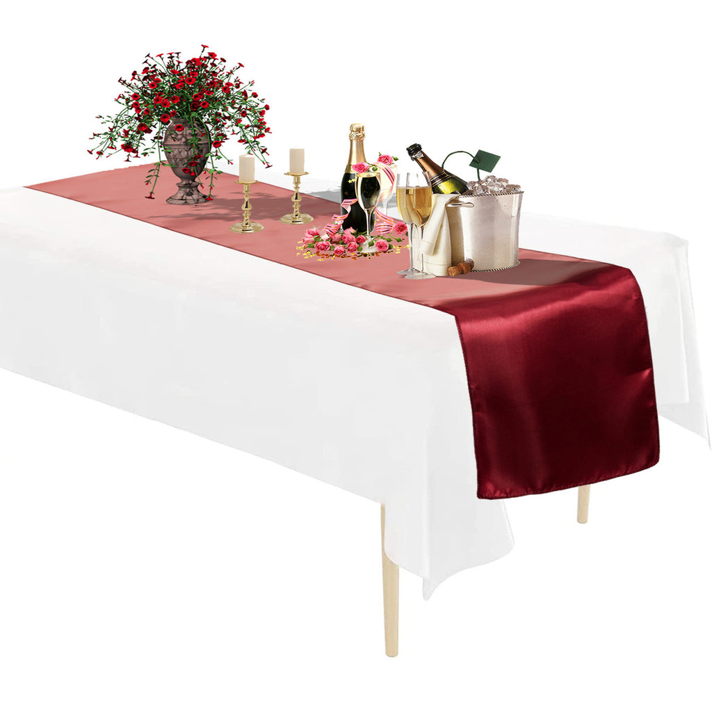 Plastic Tablecloth and Satin Table Runner Set - White & Burgundy