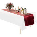 Plastic Tablecloth and Satin Table Runner Set - White & Burgundy