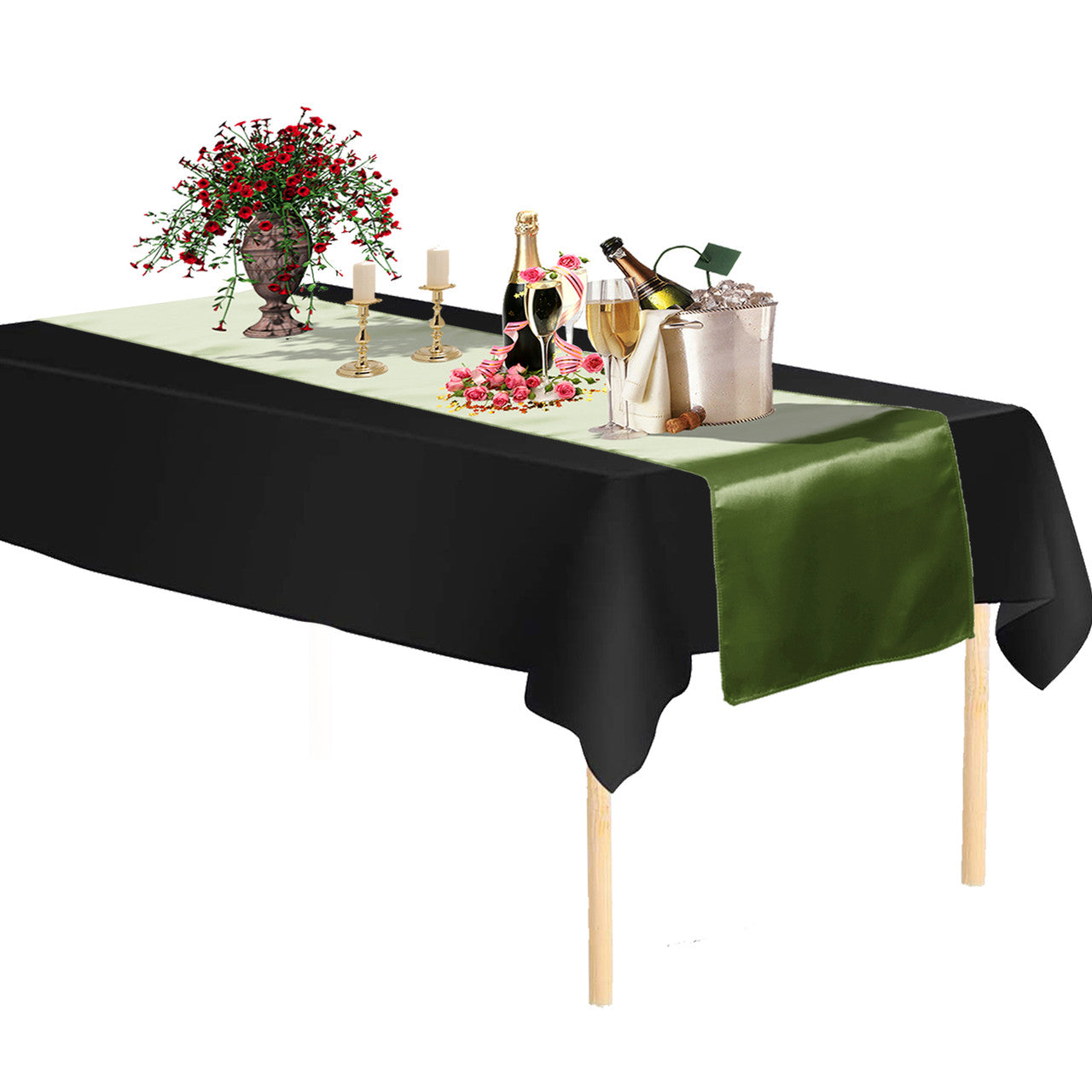 Plastic Table Cloth And Sage Green Runner Set  - 2Pcs