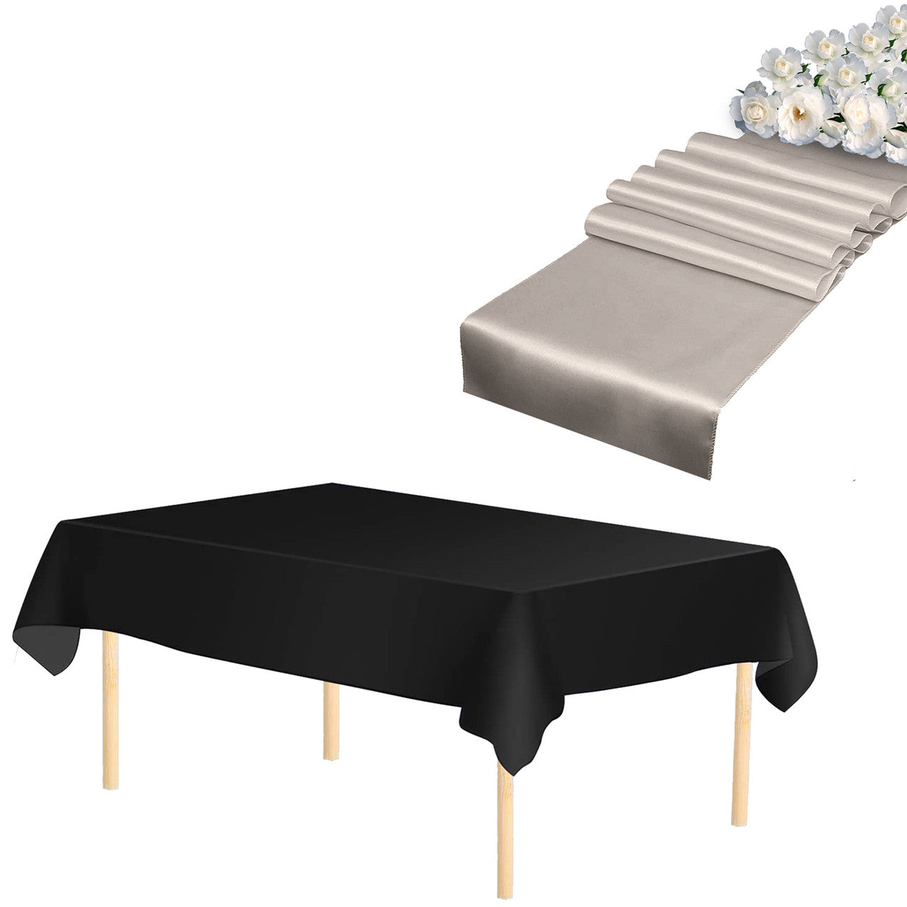 Plastic Table Cloth And Silver Satin Runner Set - 2Pcs