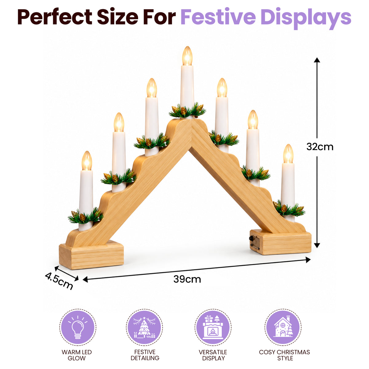 Wooden Candle Arch With 7 Warm White LED Candles