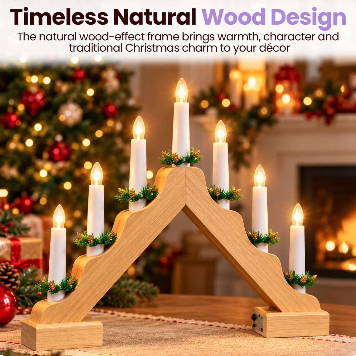 Wooden Candle Arch With 7 Warm White LED Candles