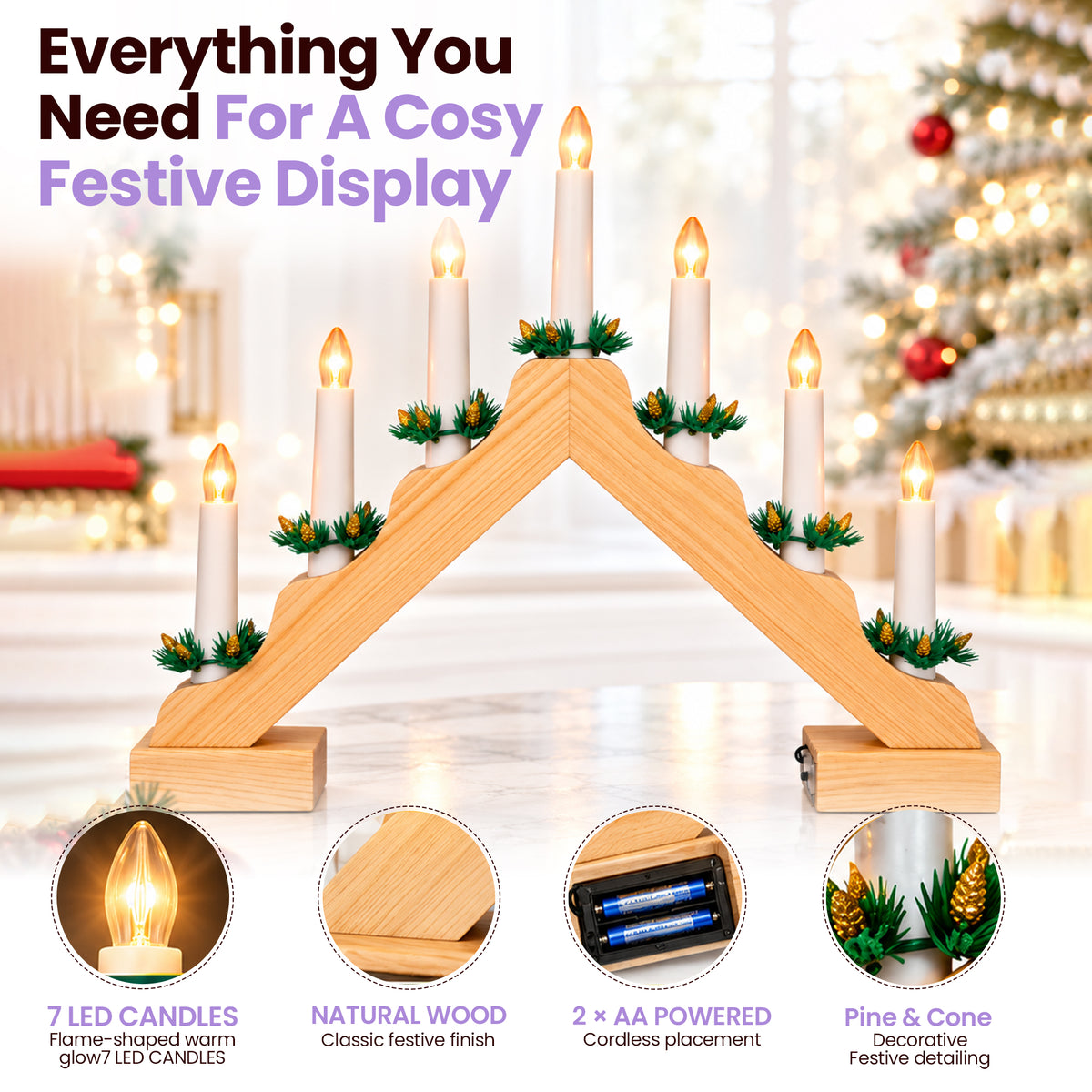 Wooden Candle Arch With 7 Warm White LED Candles