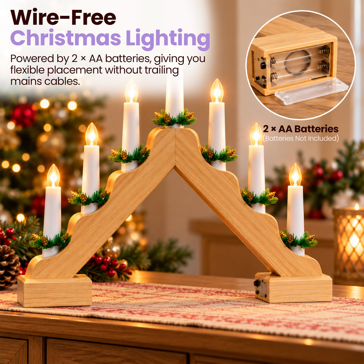 Wooden Candle Arch With 7 Warm White LED Candles