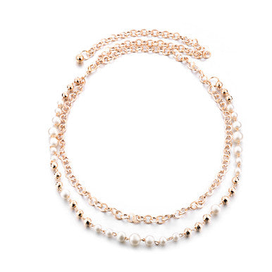 Metal Waist Belt with Pearl Beads - Gold